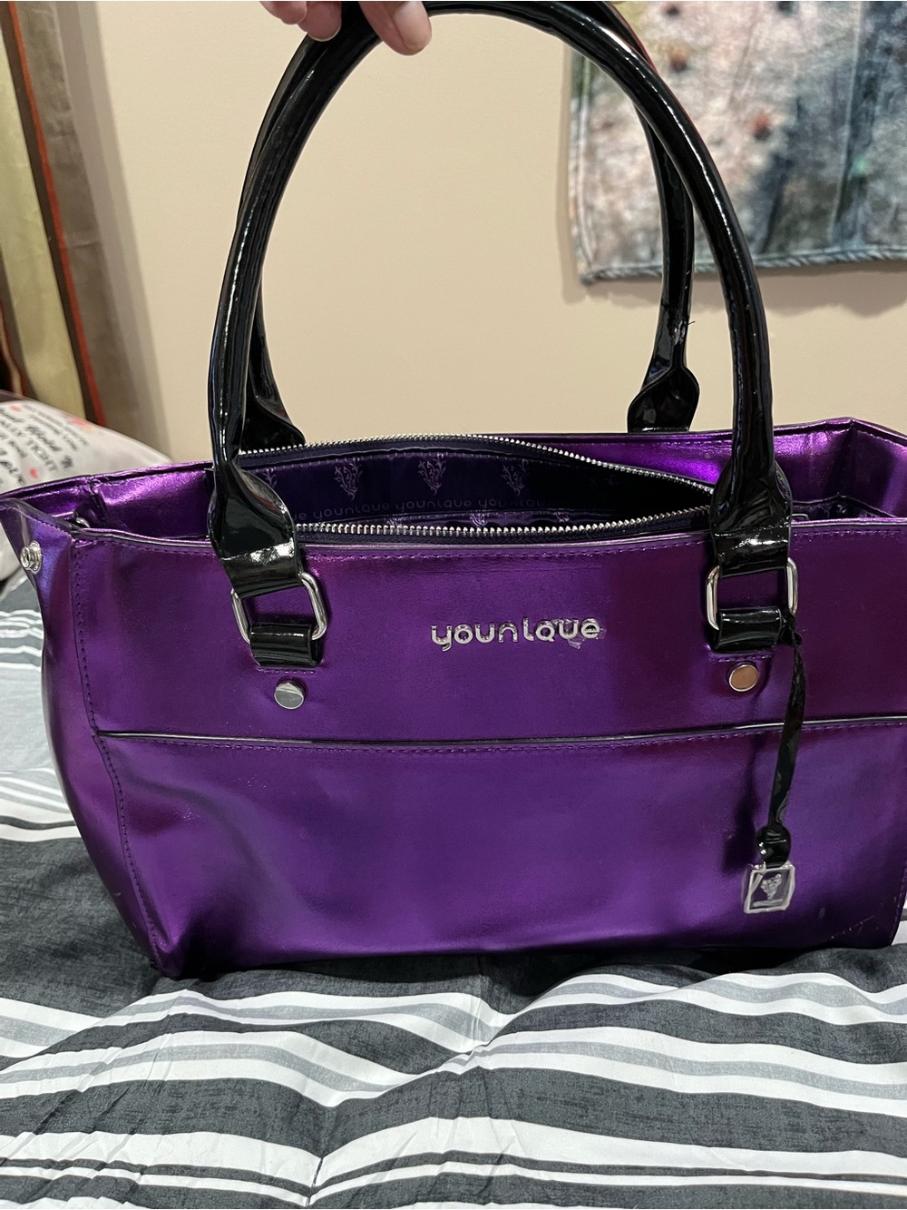 Younique Metallic Purple Tote with Black Patent Handles